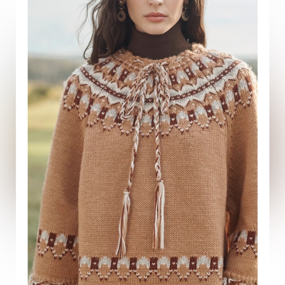 Zara Limited Edition 100% Wool Jacquard Knit Poncho with Fringed Trim NWT - Picture 3 of 6